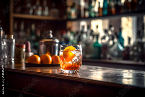 Freshly made Spritz cocktail on bar counter with blurred bar background. AI generated