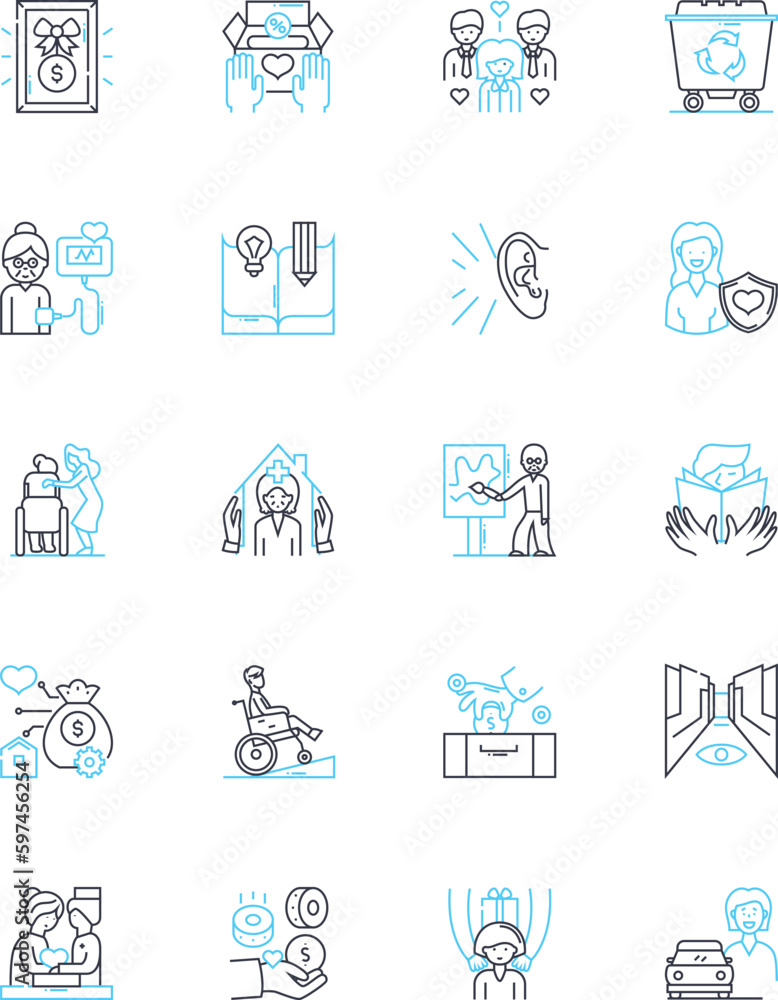 Elderly care linear icons set. Companionship, Mobility, Nutrition, Independence, Safety, Dignity, Memory line vector and concept signs. Health,Socialization,Support outline illustrations