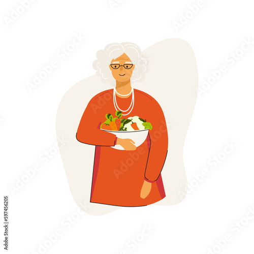 Senior woman holds plate with vegetables. Concept of healthy eating, pensioners healthy lifestyle. Can be used for social media banner, web page, flyer and other. Vector illustration