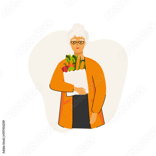 Senior woman holds a package with groceries. Healthy food in an ecobag. Concept of healthy eating, pensioners healthy lifestyle. Vector illustration for social media banner, web page, flyer and other
