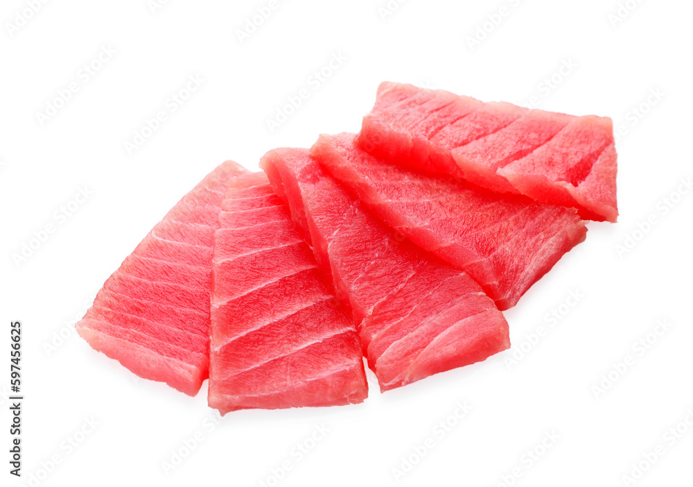 Tasty sashimi (pieces of fresh raw tuna) on white background