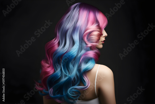 Beauty fashion woman with colorful blue, pink and violet dyed hair, view from back. Hair salon, care and beauty hair products, trendy coloring