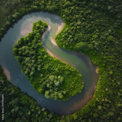 aerial view of the river in the forest.