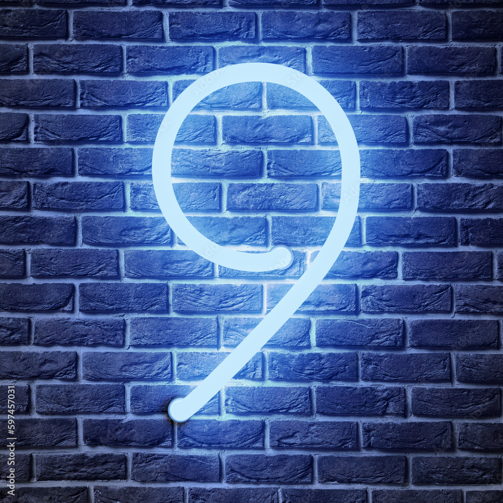 Glowing neon number 9 sign on brick wall