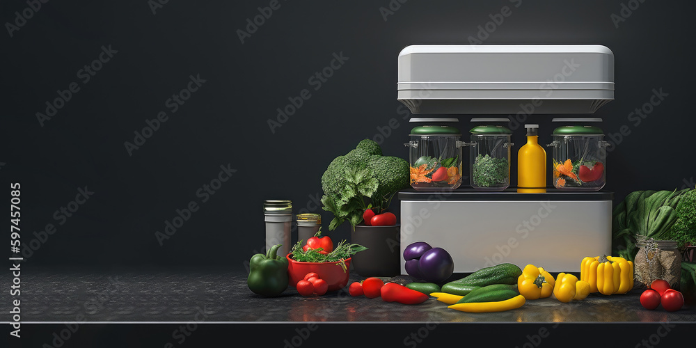 Stunning Black Background Refrigerator With Assorted Jars Of Fresh Vegetables And Fruits On Black Countertop And Wall - Ideal For Food Blogs And Recipes Keto Diet, No Carbs, Healthy Food Generative