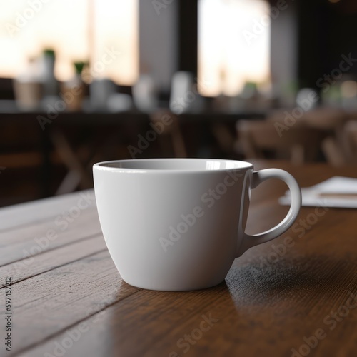 A mockup of a white coffee cup on a table, created with Generative AI