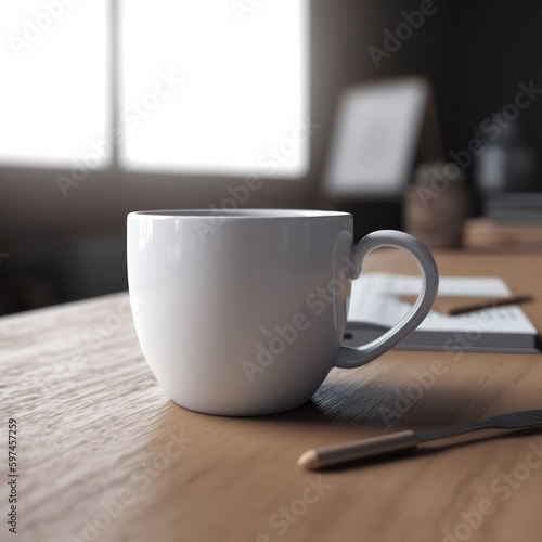 A mockup of a white coffee cup on a table, created with Generative AI