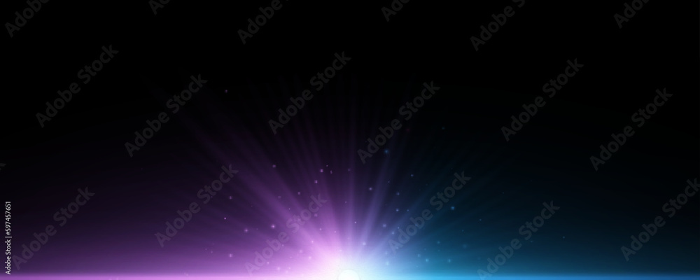 Purple and blue flash with bright rays and flying glowing dust isolated on black background. Colorful backlight. Vector illustration