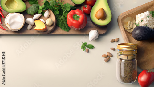 Enhance Your Kitchen With A Beautiful Cutting Board Featuring Fresh Vegetables And Spices  Salt And Pepper Jars  And Convenient Spoons Keto Diet  Healthy Food  No Carbs Generative AI