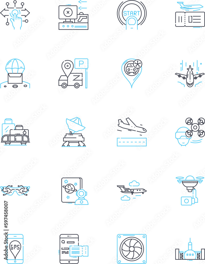 Aviation linear icons set. Aerospace, Airborne, Airline, Airplane, Airway, Altitude, Aviation line vector and concept signs. Boarding,Cabin,Clearance outline illustrations Generative AI