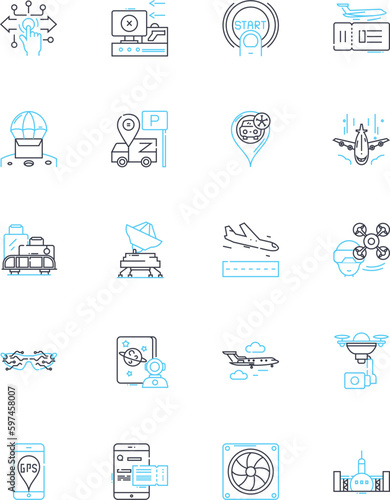 Aviation linear icons set. Aerospace, Airborne, Airline, Airplane, Airway, Altitude, Aviation line vector and concept signs. Boarding,Cabin,Clearance outline illustrations Generative AI