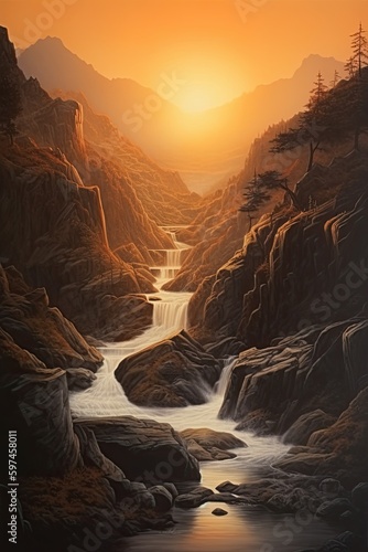 Beautiful vertical landscape with tall mountains  waterfall and a river. Generative AI