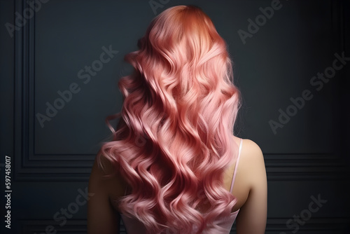 Beauty fashion woman with colorful pink dyed hair, long waves, view from back. Hair salon, care and beauty hair products, trendy coloring