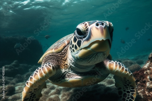 Close Up portrait of happy sea turtle swimming underwater. AI generated. © Oksana Kumer