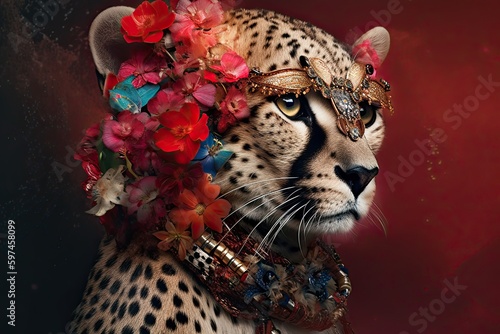 Portrait of a fashion cheetah wearing flowers and jewels on a dark background. Generative AI