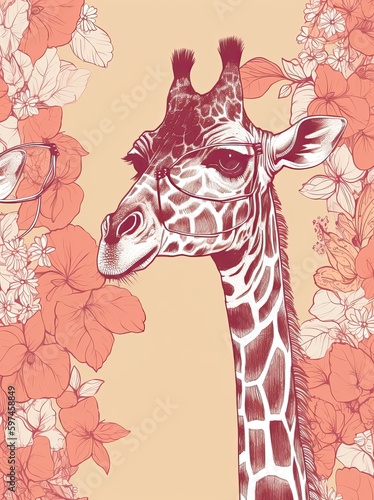 Illustration of giraffes on a colored background. Decorative cute wallpaper  good for printing. Generative AI