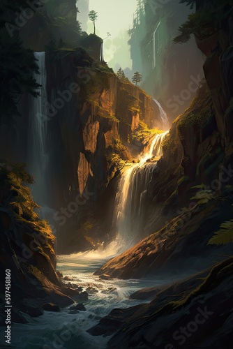 Beautiful vertical landscape with tall mountains, waterfall and a river. Generative AI