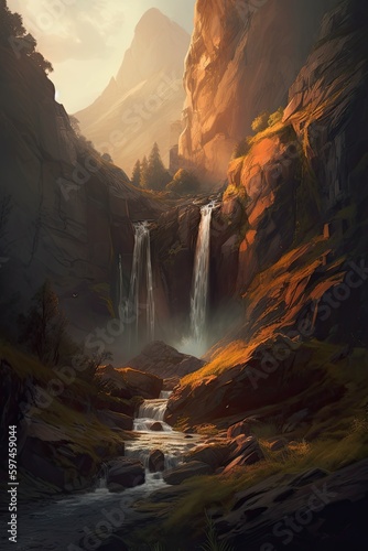 Beautiful vertical landscape with tall mountains, waterfall and a river. Generative AI