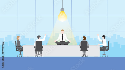 A businessman meditates with a light bulb in a meeting. The business solution, problem-solving, work idea, creativity, creation, inspiration, imagination, thinking, meditation, and visionary concept.