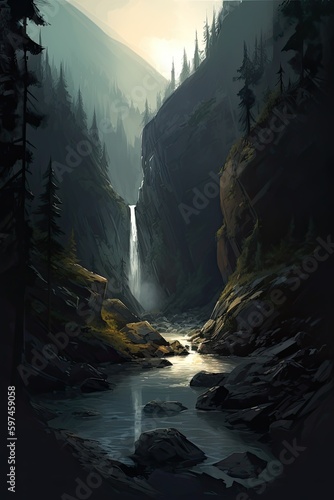 Beautiful vertical landscape with tall mountains, waterfall and a river. Generative AI