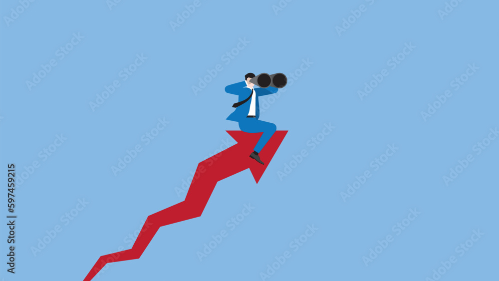A vision businessman uses binoculars riding on a rising arrow. Search for new business opportunities, recession challenges, drive to success, motivation, opportunity, investment, and ambition concept. A vision businessman uses binoculars riding on a rising arrow. Search for new business opportunities, recession challenges, drive to success, motivation, opportunity, investment, and ambition concept.