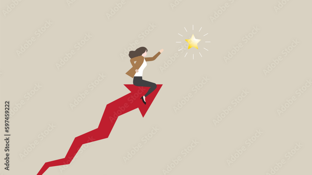 A businesswoman ride on a rising arrow rocket, reaching for the star. dash forward to new business opportunities, Reach targets, goals, drive to success, challenge, motivation, and growth concepts.