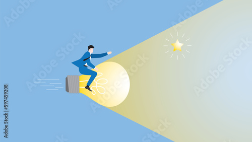 A businessman rides a big light bulb rocket, searching for the star. dash forward to new business opportunity, problem-solving, idea, creativity, inspiration, drive to success and creative concept.