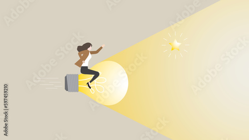 A businesswoman rides a big light bulb rocket, searching for the star. dash forward to new business opportunity, problem-solving, idea, creativity, inspiration, drive to success and creation concept.