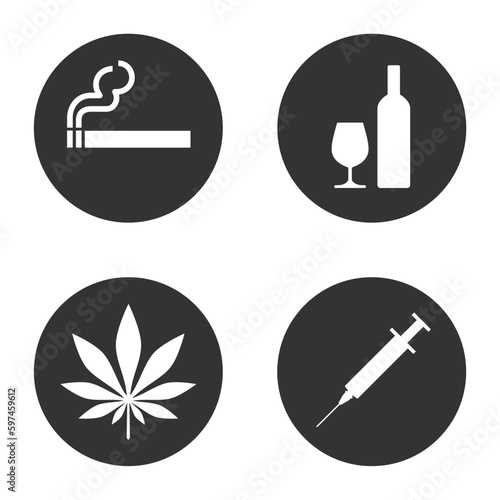 Bad habits graphic icon set. Smoking cigarette, alcohol and drugs abuse signs in the circle isolated on white background. Vector illustration
