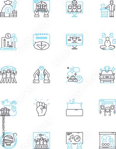 Task completion linear icons set. Finish, Accomplish, Success, Fulfillment, Goal, Achievement, Completion line vector and concept signs. Execution,Result,Conclude outline illustrations Generative AI