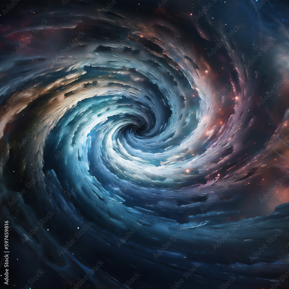 Abstract colourful spiral galaxy in space, interstellar nebula, realistic swirling vortex. AI generated