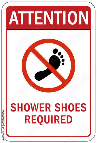 Pool shower sign and labels shower shoes required
