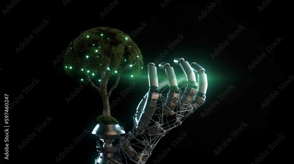 Zrobotyzowana dłoń trzyma drzewo, futurystyczna koncepcja, zastosowanie sztucznej inteligencji do ochrony środowiska. - obrazy, fototapety, plakaty 