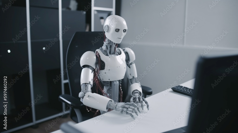 Robot humanoid working on computer in modern office, concept of artificial intelligence.  3D rendering - obrazy, fototapety, plakaty 