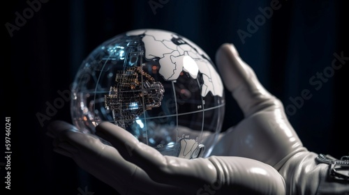 Close up view of robot hand holding Earth globe. 3D rendering