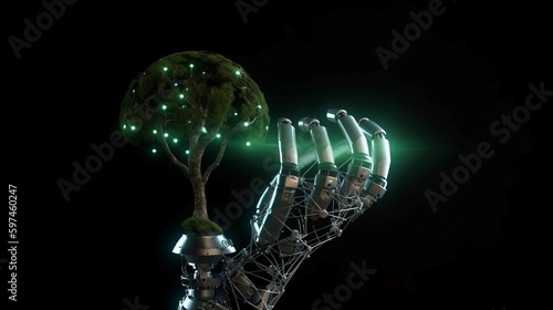 Zrobotyzowana dłoń trzyma drzewo, futurystyczna koncepcja, zastosowanie sztucznej inteligencji do ochrony środowiska.
