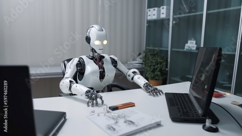 Robot humanoid working on computer in modern office, concept of artificial intelligence. 3D rendering