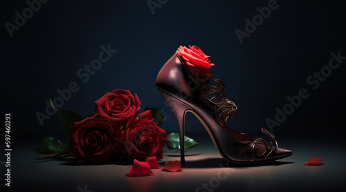 Black tango shoes, high heel stilettos on a black background decorated with rose flowers. AI generative.