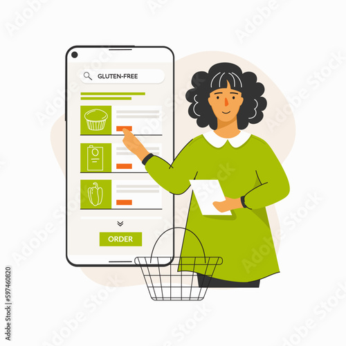 Woman holding a shopping list and searching gluten free products. Woman in smartphone selects products in online store. Concept of gluten free diet, meal planning, online shopping