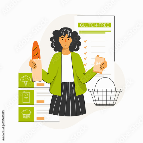 Woman chooses gluten free products. Concept of gluten free diet, dietary eating, meal planning, nutrition consultation and online shopping. Vector illustration
