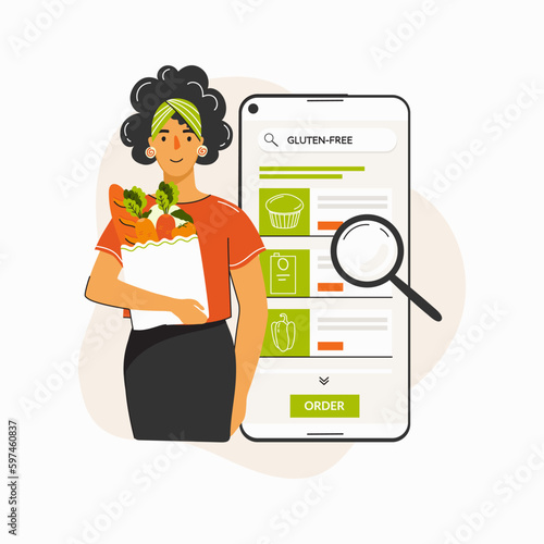 Woman in smartphone searching and selects gluten free products, places order for purchase in online store, on website, in application. Concept of gluten free diet, meal planning and online shopping
