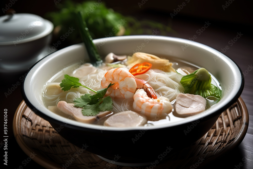 Hu Tieu - a rice noodle soup typically made with pork, shrimp, and a flavorful broth with herbs and vegetables, AI generative Hu Tieu - a rice noodle soup typically made with pork, shrimp, and a flavorful broth with herbs and vegetables, AI generative