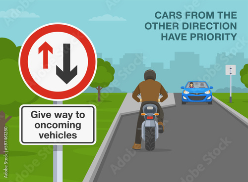Safe driving tips and traffic regulation rules. Close-up of give way to oncoming vehicles sign. Back view of a stopped motorcycle rider. Flat vector illustration template.
