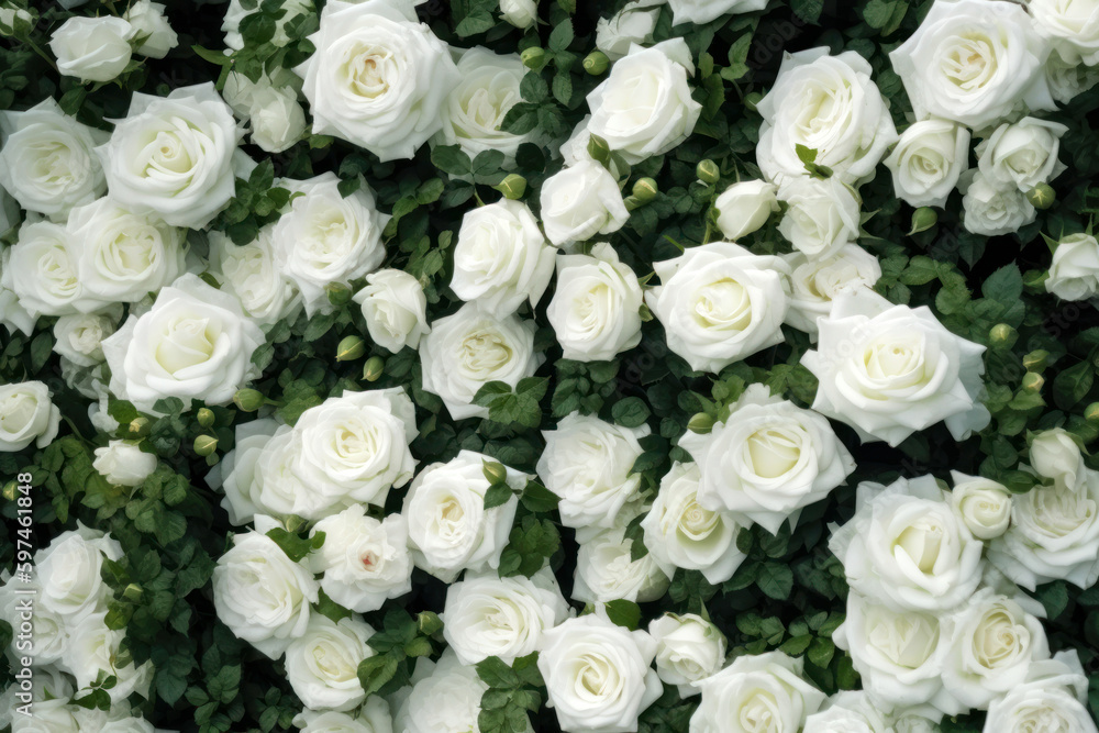White roses arrangement on a green facade, created with Generative AI technology White roses arrangement on a green facade, created with Generative AI technology