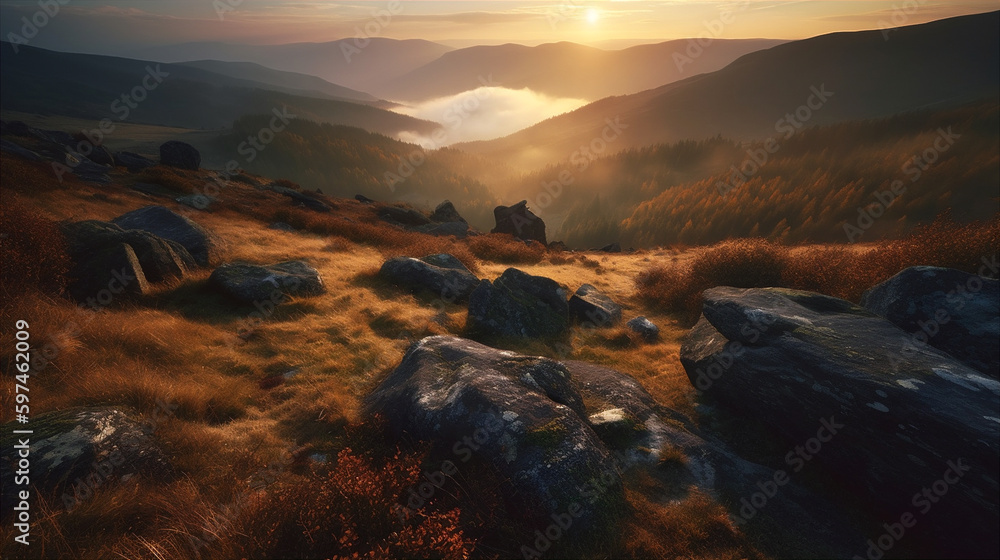 Early morning sunrise in Carpathian mountains. Magnificent Gorgany landscape. AI generated.