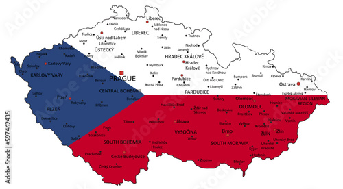 Czech Republic highly detailed political map with national flag isolated on white background.