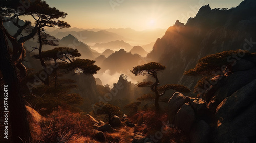 Early morning sunrise in the Huangshan mountains. Magnificent landscape. AI generated.