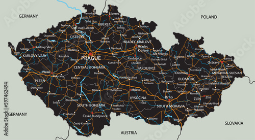 High detailed Czech Republic road map with labeling.
