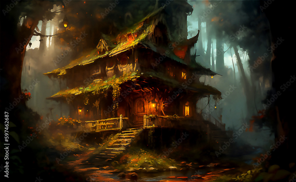 Cute magical house. Illustration. Post processed AI generated image.