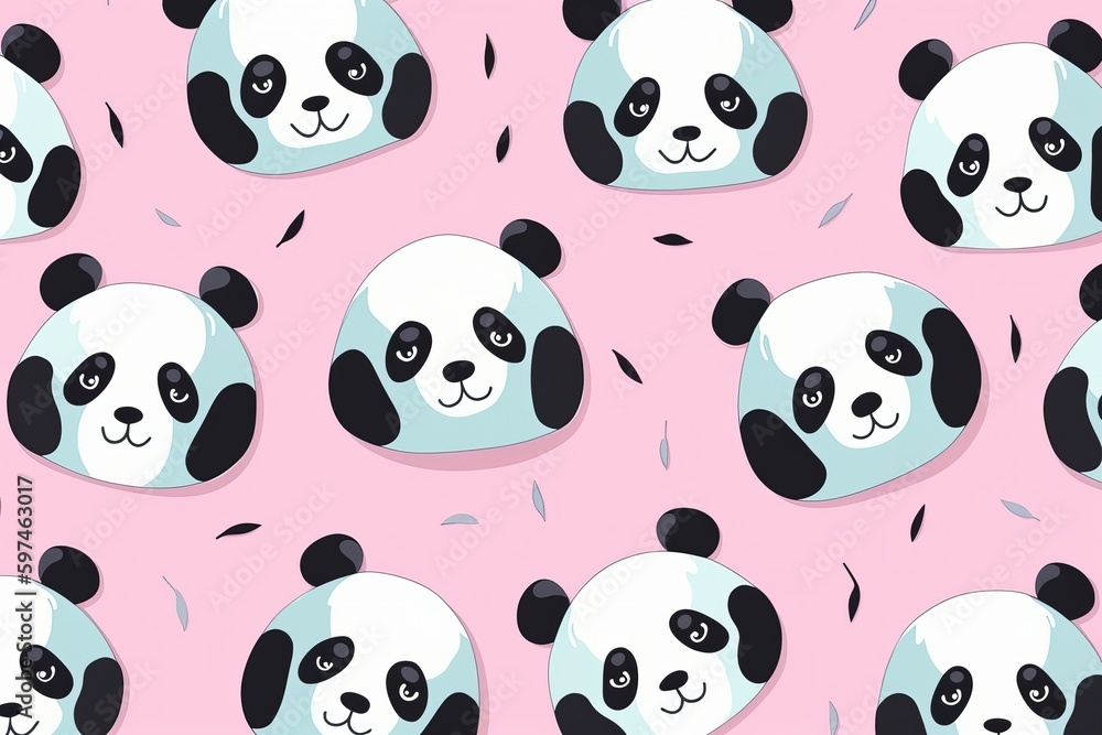 cute panda face seamless pattern with pink background, vector Panda print skin in editable seamless pattern, Bright colour, 8k , ultra realistic, giant panda eating bamboo, Generative AI